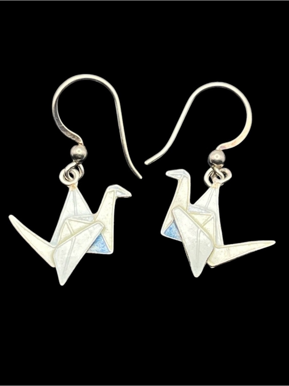 Origami crane bird Japanese sterling silver enamel dangle earrings